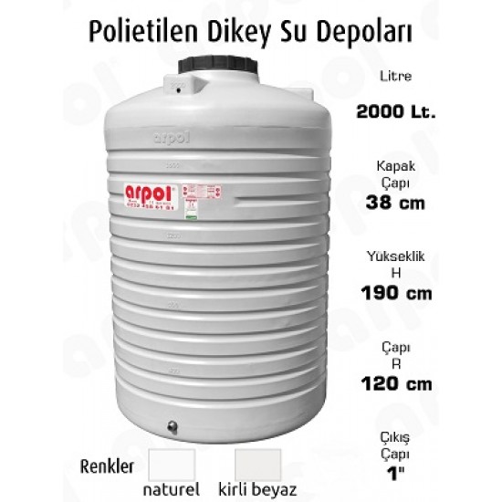 SU DEPOSU 2000 LT POLYETİLEN DİKEY 120X190